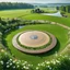 Placeholder: a round dance platform with decor mane in country side in center of picture ,green field ,flowers , small river,camera looking at horison