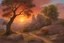 Placeholder: Amazing beautiful sunset, trees, rocks, mountains, epic, sci-fi, fantasy, friedrich eckenfelder, and hans am ende impressionism paintings