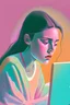 Placeholder: Woman with a content and curious facial expression, using a laptop, looking down at laptop screen, pastel colors, detailed, lost edges. bright.