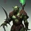 Placeholder: orc Soldier, Height 150cm, Weight 50kg, Skin color green, Has predator-like eyes, fangs, and claws He holds an old sword in his hand. Kills humans with ferocious accuracy, Intelligence is that of a human child. Wears crude iron armor