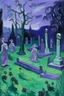 Placeholder: A purple graveyard with dancing ghosts painted by Paul Cezanne