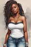 Placeholder: Create a watercolor image of a curvy black female wearing tight cut up jeans and a off the shoulder white tshirt with timberland boots. Prominent make up with hazel eyes. Highly detail dread locs