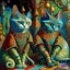 Placeholder: prompt, Fantasy harlequin cats by Louis Wain, by Catherine Abel, by Gediminas Pranckevicius, fantasy, oil on canvas, beautiful, high details, ultra detailed, crisp quality, colourful, high definition