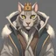 Placeholder: Studio ghibli style Male khajiit with grey fur wearing a crown and modern jacket