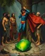 Placeholder: Bosch painting style ,nightmare, a group of people from the Stone Age gathering around a Superman and tied him on a tree in front of a green shining stone of krypton on the floor