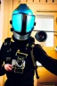 Placeholder: Metallic Cyber-punk style camera-mask. Helmet with camera. Large fencing mask covers cheeks. Trim girls. Reflective plastic body surface. Camera lenses as eyes. Head full of integrated old-fashioned cameras. Golden to cyan surfaces body. Perfect body, thick thighs and calves. Selfie, Selfies, old-fashioned cameras, both hands, mirror. Wide hip. Partly symmetrical. Camera lenses cover the most of the body. Euclidean 3D-tiling, Escher. Mathematically impossible tiling. Soviet Propaganda. 1990's.