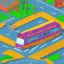 Placeholder: isometric smiling bus with eyes by jim woodring in cartoon style