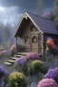 Placeholder: hyper detail, hyper realism, 4k, high quality, small wooden cabin, purple blue yellow silver teal black olive azure, red, pink, brown, flowers, steampunk, cinematic lighting