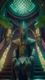 Placeholder: close up portrait of a happy blessed ancient magical king cyber punk soldier standing on a throne in a space alien mega structure with stairs and bridges woven into a sacred geometry knitted tapestry in the middle of lush magic forest, bokeh like f/0.8, tilt-shift lens 8k, high detail, smooth render, down-light, unreal engine, prize winning