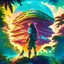 Placeholder: A high tech solarpunk utopia in the Amazon rainforest. Technology and nature mixed together, a long haired guy using flip flops at the center posing from the back on the image looking at colorful sky, cinematic. 3d render, science fiction, retro cover, high details, intricate details, by vincent di fate, artgerm julie bell beeple, 60s, inking, vintage 60s print, screen print.