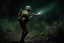 Placeholder: Luminescent spectral ghost of a headless soldier carrying a Thompson machine gun through the Congo at night