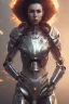 Placeholder: Hannah Hoekstra, robotic armor, cristal brown eyes, portrait busty and face, light effects, particles, explosion fire,