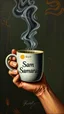 Placeholder: Bosch style painting , A 3D hand holding a coffee mug written on it “ Sam Samarrai”