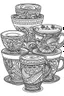 Placeholder: Outline art for coloring page, FULL PAGE 3 TEACUPS GROOVY DESIGN, coloring page, white background, Sketch style, only use outline, clean line art, white background, no shadows, no shading, no color, clear