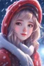 Placeholder: Painting of a cute girl in a red hat and scarf, pretty face, snowfall in the background, bright night, in front of space portal dimensional glittering device, bokeh like f/0.8, tilt-shift lens 8k, high detail, smooth render, down-light, unreal engine, prize winning