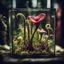 Placeholder: close up of horrific carnivore plant in a glass square terrarium, sharp focus, high contrast, dark tone, bright vibrant colors, cinematic masterpiece, shallow depth of field, 16k resolution, photorealistic, intricate details, dramatic natural lighting