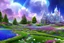 Placeholder: fairy and cosmic landscape with blue grass, magic plants, sky with light and stars. fairy white castle with diamond