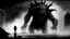 Placeholder: The described image presents an extremely horrifying scene with grayscale colors dominating the picture, creating a dark and eerie atmosphere. In this context, there is a massive, monstrous creature positioned prominently in the foreground of the image. This monster appears to be mythical and intensely frightening, characterized by its terrifying features and its colossal, imposing body that exudes immense power. When one looks at this monster, its face and eyes exhibit horrifying details, seem