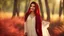 Placeholder: Hyper Realistic Photographic-view of a Beautiful-Young-Happy-Pashto-Woman-with-beautiful-eyes-Smiling with-white-dress-with-maroon-shawl & breeze-whirling in a jungle-with-tall-trees & cloudy-sunset-&-sun-rays showing dramatic & cinematic ambiance