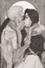 Placeholder: Strahd Von Zarovich, long black hair, being kissed on the mouth by a beautiful woman with white hair, wearing an off the shoulder dress. Settling and background are a lavish toomb with an ebony coffin.