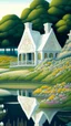 Placeholder: A house made out of white fathers designed in a field of white wild flowers paintings painted by Paul Ranson , Busch painting style, all white, by the lake, fine line draw style
