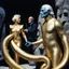 Placeholder: (crazy psychedelic high res photo by Ray Harryhausen) The first is tall, his skin gleaming like polished gold, with eyes that seem to reflect no light at all. The second is a woman with silver hair that writhes like serpents, her form shifting in and out of focus. The third bears no face at all, only a void where features should be, yet you can feel the intensity of its gaze boring into you like a physical force. These are not mere soldiers—they are embodiments of something darker, something tha