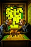 Placeholder: Vladimir Poutine playing chess with Zelinynski. A map of ukraine is burning on a wall