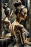 Placeholder: a beautiful ballerina, in a studio, Infront of a mirror, side profile with eyes looking slightly Down, her reflection in the mirror is however looking straight back at her and not looking down, scary, dark undertone, 12k, detailed painting, thick impasto and textures with rough brush strokes, chaos background with cracked paint, peeling off