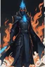 Placeholder: A commander with a matte black combat helmet and eyes with bright blue flaming pupils, a black cape and a long coat with long combat boots and a long, sharp and fiery spear and with his helmet under his cape and two blue flames instead of eyes