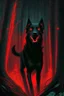 Placeholder: in the style of William Adolphe Bouguereau, a monstrous black hound with red, glowing eyes in a dark forest with a wicked grin