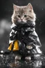 Placeholder: baby cat in raincoat. Chibi, Photograph, Canon DSLR, Tilt - shift, black background, high definition, Complete and coordinated composition, 8k