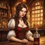 Placeholder: A young woman with pale skin and long brown hair in a fantasy tavern setting with intricate details. She is smirking, a tavern wench pouring a glass of whiskey, has intense red eyes, intimidating presence. High definition.