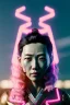 Placeholder: portrait, Asian cyborg woman, samurai warrior :: symmetry photography, cyberpunk style, pink hair, wires conveying, perfect eyes, samurai helmet, tiger mask, black samurai army, katana, japanese traditional ornaments, pink, white, black, glow eyes, cinematic, Ultra realistic, dark scene, soft color, highly detailed, unreal engine 5, RTX, ultra detail, 3d, finely drawn, high definition.