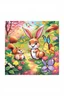 Placeholder: The beautiful butterfly happily sits on a patch of bright green leaves, the bunny and squirrel laughing, colorful garden background , child book illustration style, faces must be the same as reference image