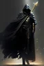 Placeholder: A commander with a black cloak and a long coat with long combat boots and a long spear with his Helmet is golden under his cloak like assasins With a magical power in his hand