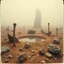 Placeholder: A striking quality close-up polaroid photograph captures a surreal wasteland with odd stones, pond, odd spindle-shaped objects, spooky, creepy, details of the dust very accentuated, glossy, organic, adorned with minerals and rocks, fog. Bathed in feeble light, eerie, Yves Tanguy style, black sun, fog, volumetric light, octane render