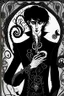 Placeholder: black haired young man necromancer wizard with gothic jewelry and tentacle fingers in the style of Aubrey Beardsley