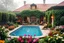 Placeholder: all scene is made of small colored cubes:a luxury villa yard with pool in center and pretty plants trees flowers, morning mist, lost paradise atmosphere,a pretty model lady in victorian clothing resting in a comfort far in villa yard in flowers .every thing and lady is made of small colored cubes as a puzzle