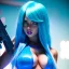 Placeholder: Ana de Armas naked as jinx from arcane standing in a nightclub with light blue hair and long blue plats, blue tattoos on arms, stomach showing, bullet belt with guns, alluring, bedroom scene, cosplay, photo realistic,