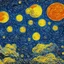 Placeholder: van Gogh style, moon surface with craters, astronauts with space ship on surface, planets on starry sky, milky way around them