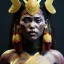 Placeholder: Maori woman, rounded face, blood, black, gold, brown, samurai helmet, decorative color feathers, retro, bamboo, leather, soft color, highly detailed, art stations, concept art, smooth, unreal engine 5, god rays, ray tracing, RTX, lumen lighting, ultra detail, volumetric lighting, 3d, finely drawn, high definition, high resolution.