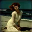 Placeholder: Clara bow on the beach, in the wind, white lace dress, autochrome