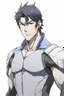 Placeholder: Anime man side character with dark brown hair, small muscles, aged 30, wearing a gray superhero suit