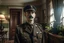 Placeholder: ww1 cop close-up standing up looking to the camera, ww1 mansion living room background