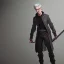 Placeholder: gray-haired young man with katana in black baggy jaket