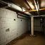 Placeholder: Photograph of a room, cellar basement, brutalist, pipes, signs, empty, details of the walls very accentuated, liquid, photography