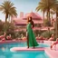 Placeholder: [high res photo by Gilligans Island] In the dazzling city of Las Vegas, Clad in a short green dress that sparkles under the desert sun, the Orangutang Queen finds herself in a most curious setting—a pink swimming pool teeming with flamingos and bananas, ready to fight, in dust, rust and blood, her body is covered with cartridge belts