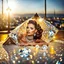 Placeholder: very beautiful fashion lady laying on a big diamond wearing nice bride, lights reflecting on diamond and her jewels