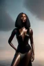 Placeholder: A portrait of a beautiful curvaceous black woman with long black hair, wearing a black dress with a deep v neck, wizard, magical, ethereal, intricate, sharp realistic lighting. Concept art by wlop. Ultra quality 8k.