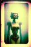 Placeholder: steampunk, vintage analog polaroid of a woman robot, female body, fog, lomography, heavy film grain, rain, color bleed, depth of field, bokeh, retro